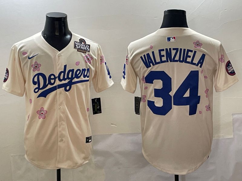 Men Los Angeles Dodgers #34 Valenzuela Cream White Blue Sakura Edition 2025 Nike MLB Jersey style 7->los angeles dodgers->MLB Jersey